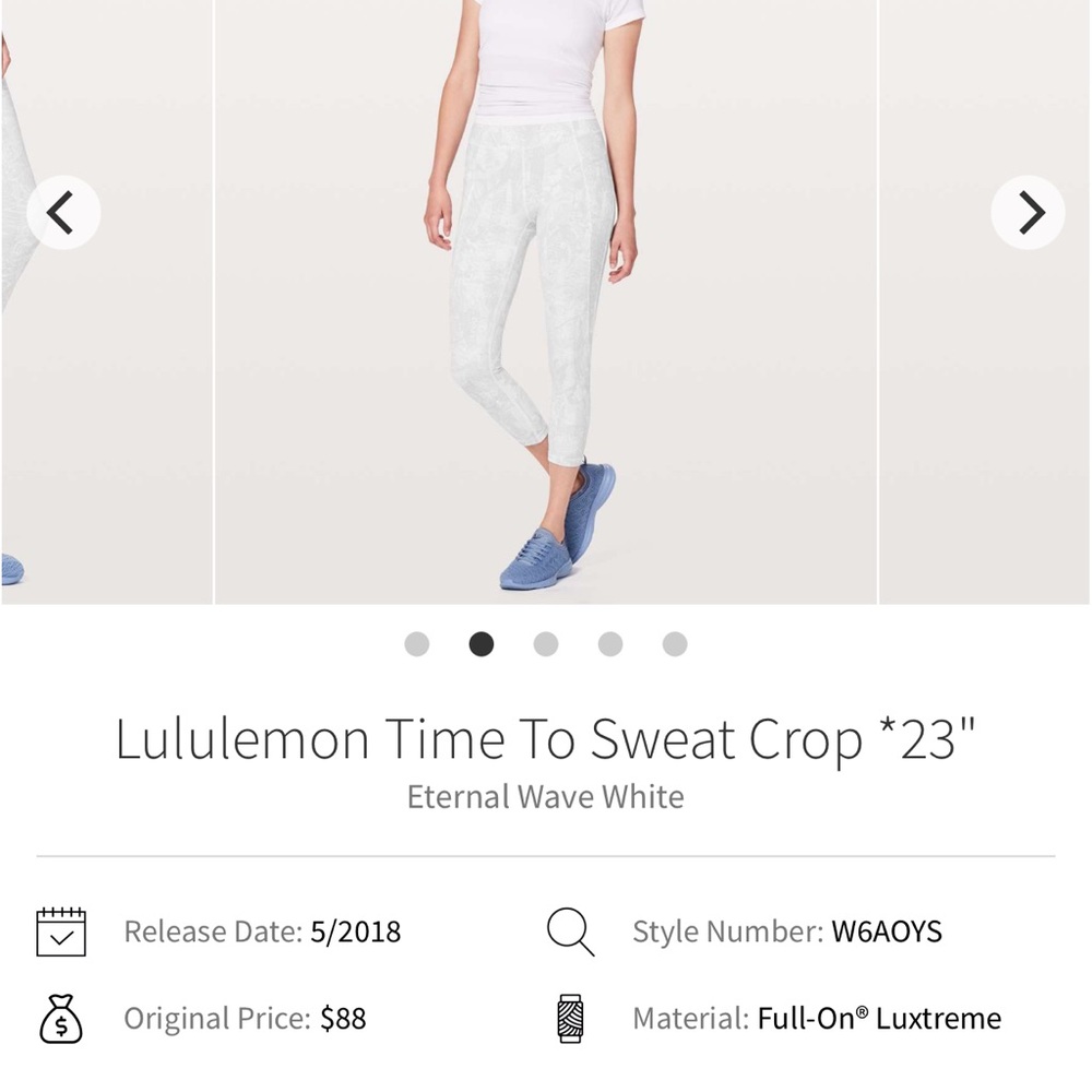 Lululemon Athletica Time to sweat crop Eternal Wave White Leggings
